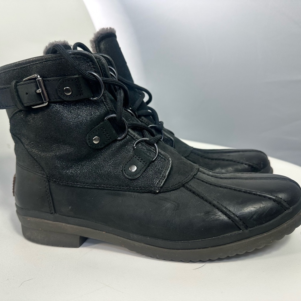 UGG Black Cecile Leather Lace Up Boots
